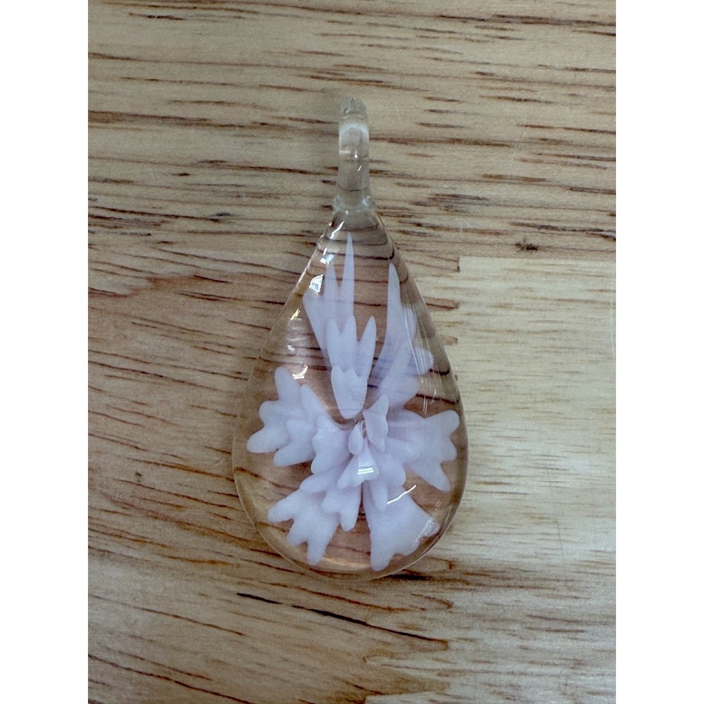 Hand Blown Glass Pendant, Clear‎ With White 3-D Flower Design